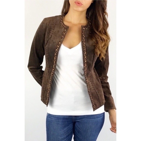Hal Rubenstein Jackets & Blazers - NWT!! HAL RUBENSTEIN Brown Suede Leather Jacket Gold Chain Accents X-Small